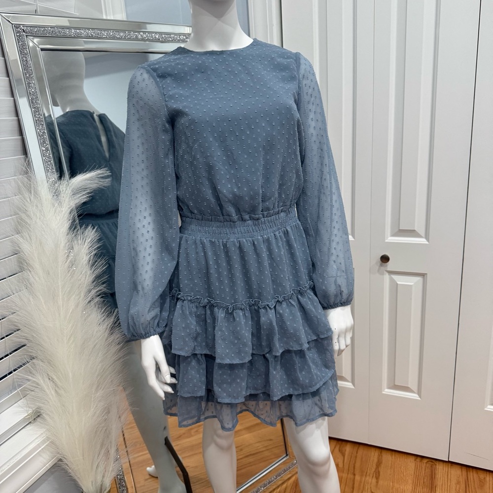 Express Blue Long Sleeve Ruffle Dress